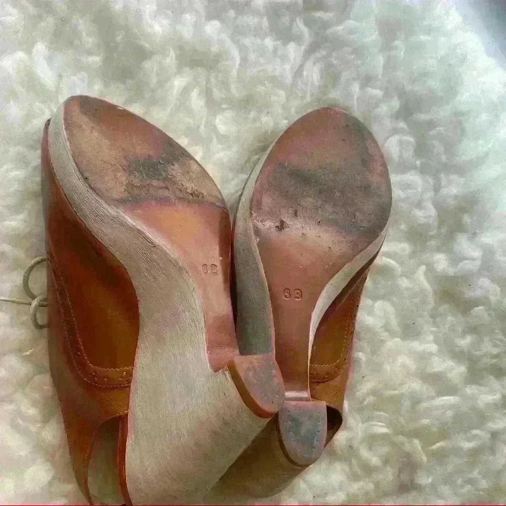 COLE ROOD & HAAN co. brown LEATHER LACE UP GLADIATOR PEEP TOE WEDGE SANDALS